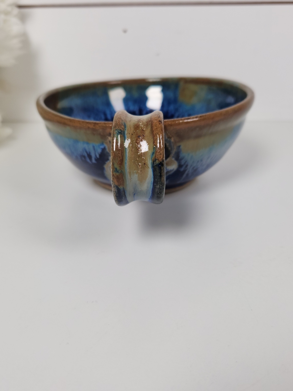 Vintage Signed Studio Pottery Bowl with Handle, Celestial Blue & Brown - Picture 3 of 10